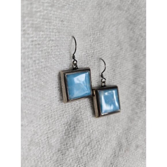 Square Larimar Sterling Silver Earrings Made in Mexico Large Statement Dangles - Picture 6 of 11